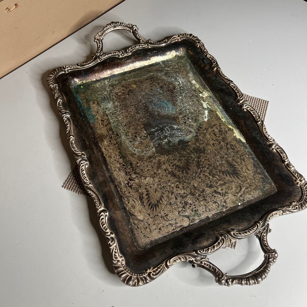 Vintage Silver Plated Rectangular Serving Tray Ornate Handles Etched Floral 19in